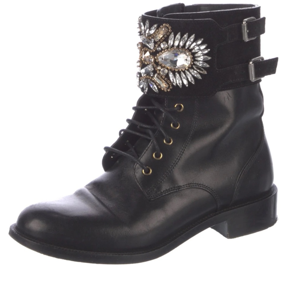 REDUCED Rene Caovilla Embellished Lace Up Combat Black Leather Boots Sz 37.5 7.5
